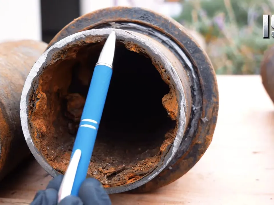 open end of a cast iron drain exposes a rough, rust-narrowed interior during a plumbing service call in Maricopa, AZ