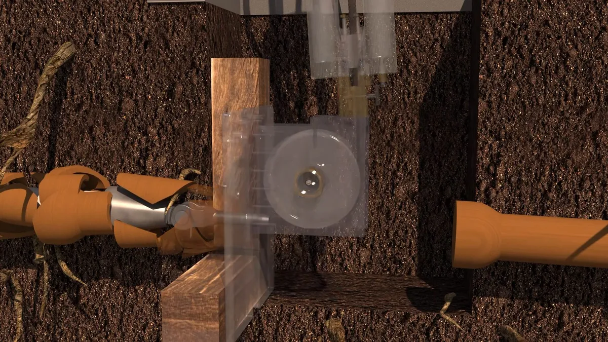 clear access chamber exposes equipment positioned over a buried pipe repair during a plumbing service call in Maricopa, AZ