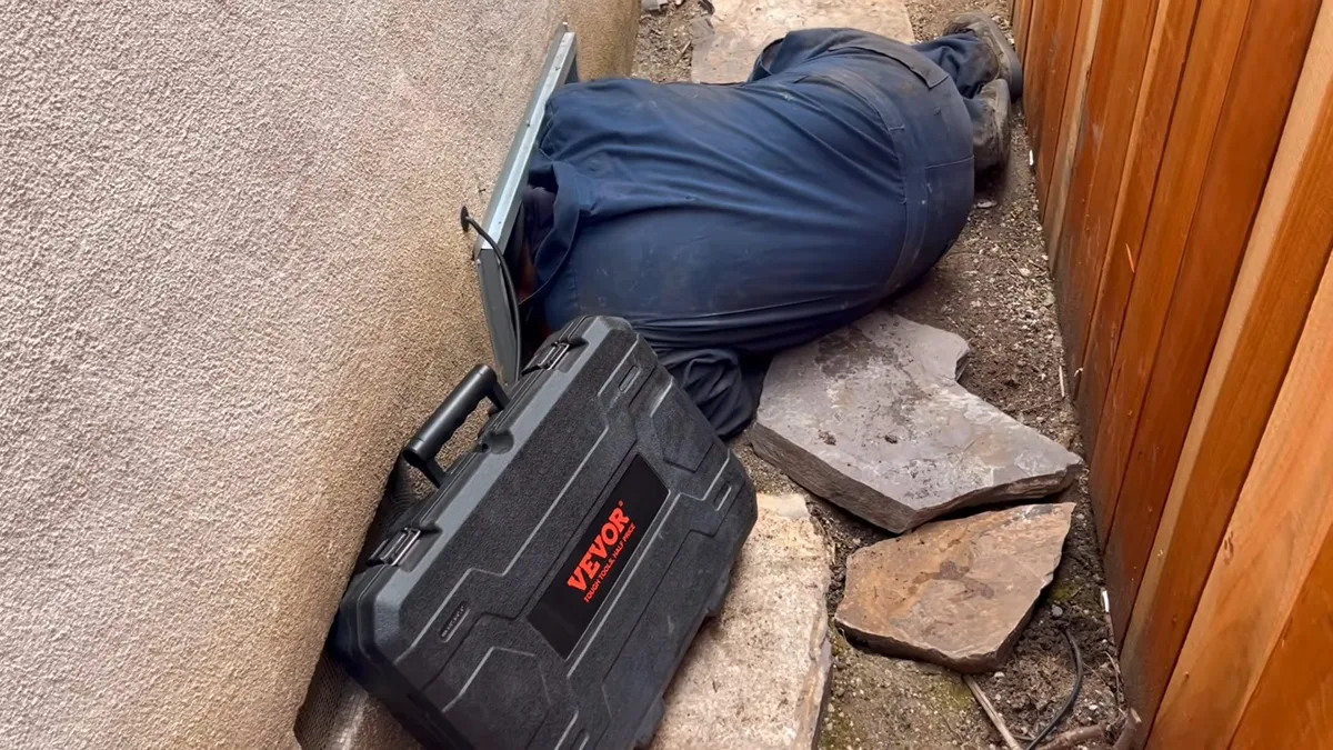 plumber enters a tight crawlspace with a compact inspection case for 24/7 emergency plumber in maricopa, az in Maricopa
