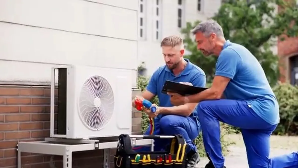Two service technicians review equipment outside a residential building for 24/7 emergency plumber in maricopa, az in Maricopa