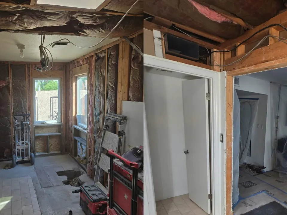 long interior renovation area is stripped to framing and subfloor during a plumbing service call in Maricopa, AZ