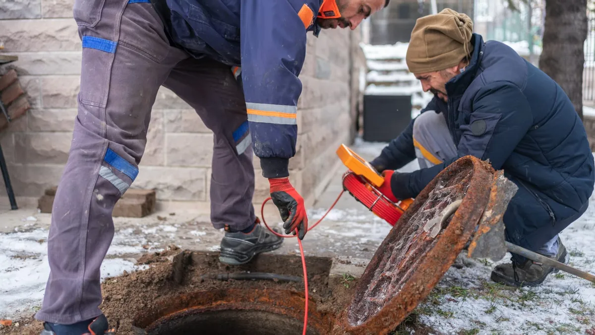 Two workers feed inspection or cleaning equipment into an open sewer access for hydro jetting in maricopa, az in Maricopa