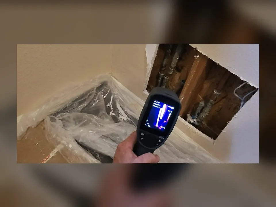 thermal camera scans an exposed wall opening for hidden moisture and temperature changes for leak detection in maricopa, az in Maricopa