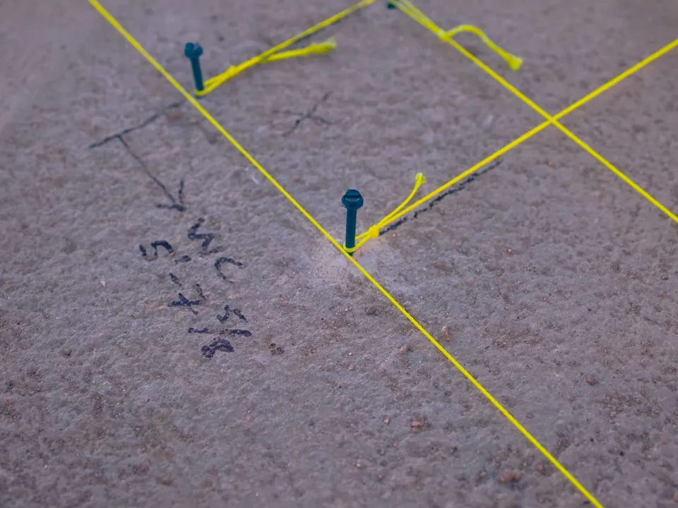String lines and floor markings locate buried plumbing beneath a future slab illustrating Why 2005-2015 Maricopa Homes Are Entering Slab Leak Season Right Now
