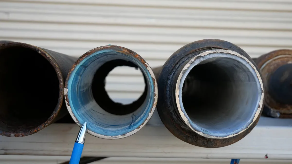 Cut pipe samples compare a clean lined interior with older worn drain surfaces during a plumbing service call in Maricopa, AZ