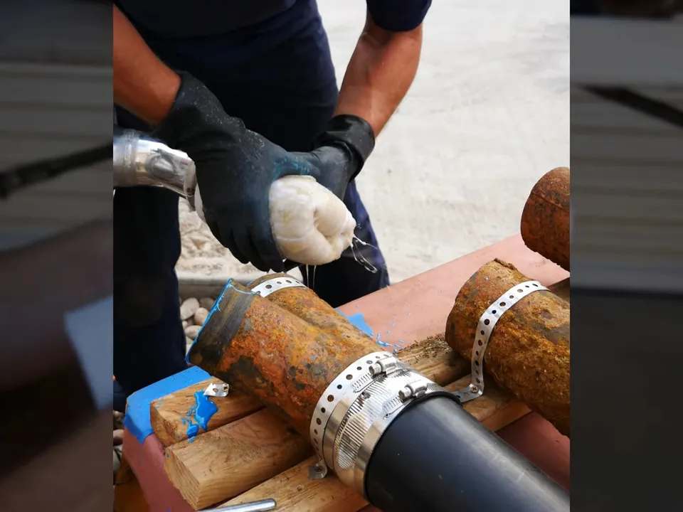 repair coupling is tightened around a rusted pipe section on a workbench during a plumbing service call in Maricopa, AZ