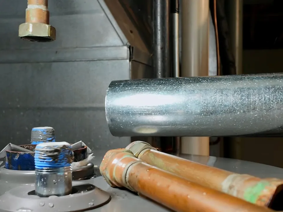 Cut copper tubing and replacement fittings are prepared near a water heater during a plumbing service call in Maricopa, AZ